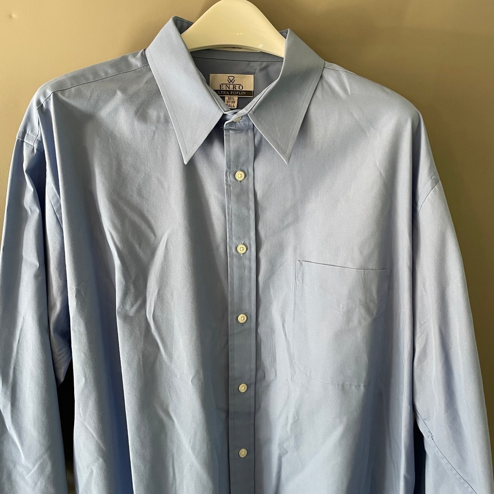 Enro Ultra Poplin Dress Shirt Mens 18.5 37-38 Tall Blue Long Sleeve Button Up